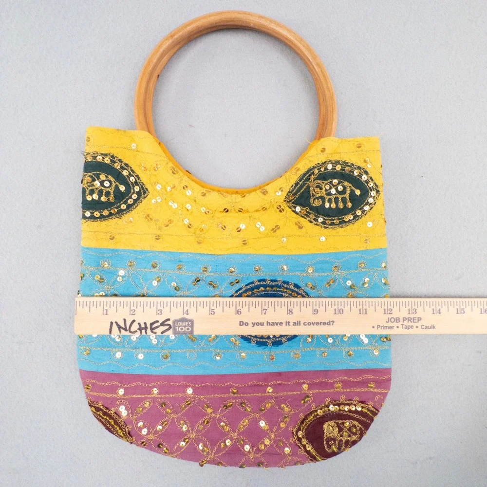 Boho Ethnic Indian Handicraft Sequin Elephant Festival Bag Wooden Handle Tote